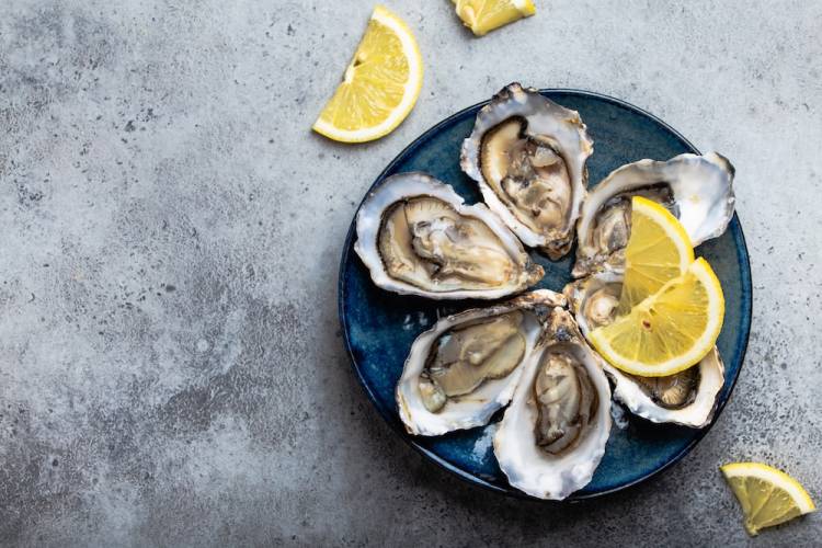 Plate of raw oysters with lemon slices