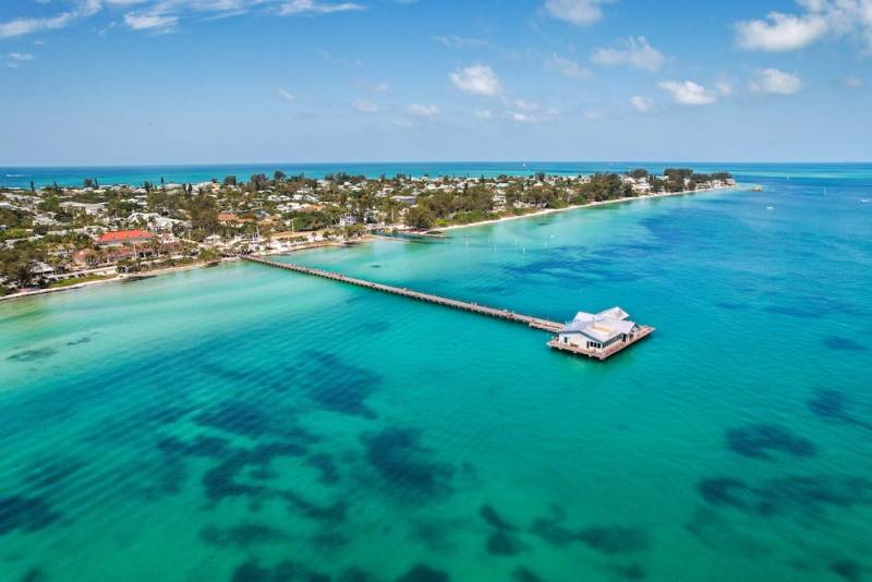 Aerial view of Anna Maria City Pier and its surrounding waters