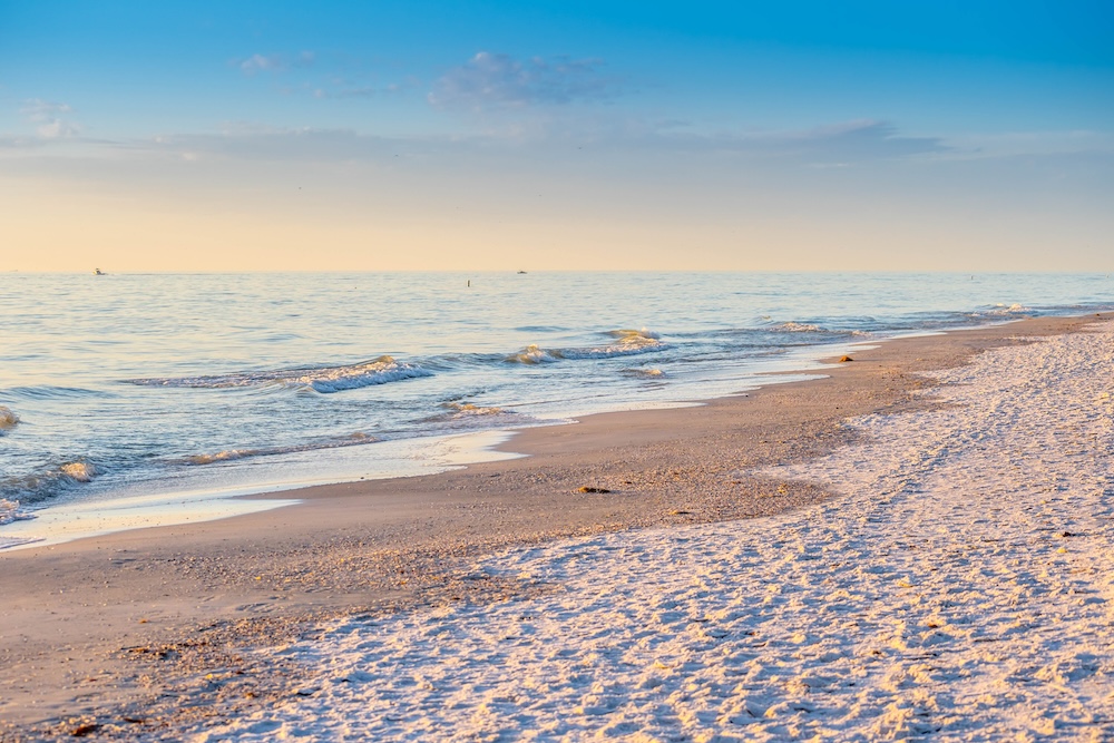 A sandy shoreline and calm ocean at sunrise